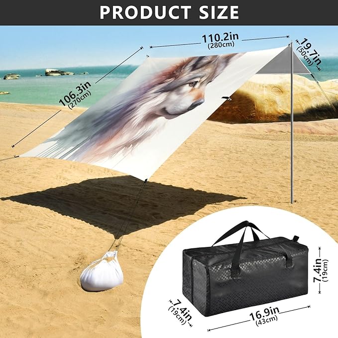 ALAZA Wolf Animal Beach Tent Sun Shelter UPF50+ Protection Beach Shade Canopy w/ 4 Sandbags for Outdoor Camping Fishing Backyard Fun Picnic 10x9 ft
