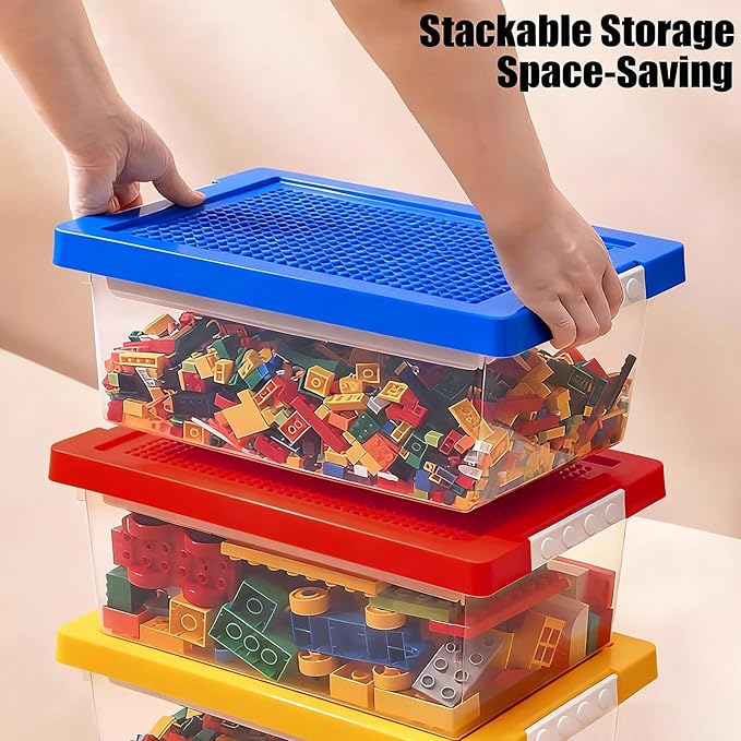 Toy Storage Organizer Bin for Lego Plastic Organizer Box with Removable Tray and Building Baseplate Lid Stackable Building Block Storage Craft Storage Container for Lego Art Toy Tool Sewing
