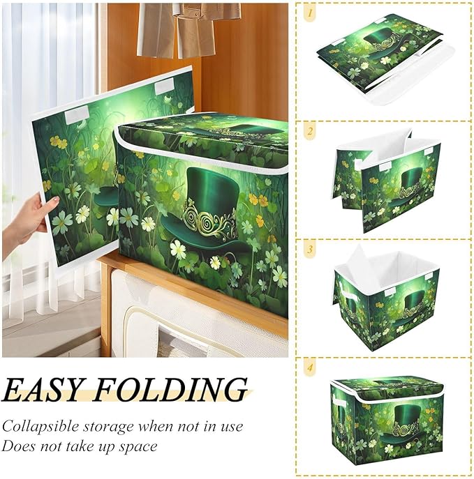 Christmas Storage Baskets with Lids Green Hat and Flowers Collapsible Bins Stackable Fabric Linen Baskets Closet Organizer Container 16.5x12.6x11.8