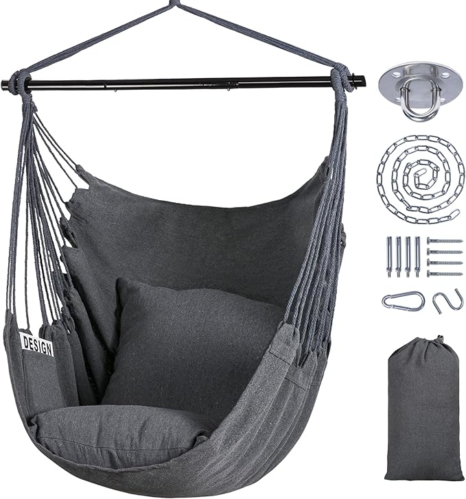 SUNCREAT Hammock Chair Swing with Steel Support Bar Side Pocket Large Hanging Chair Outdoor Max 450lbs Capacity Dark Gray
