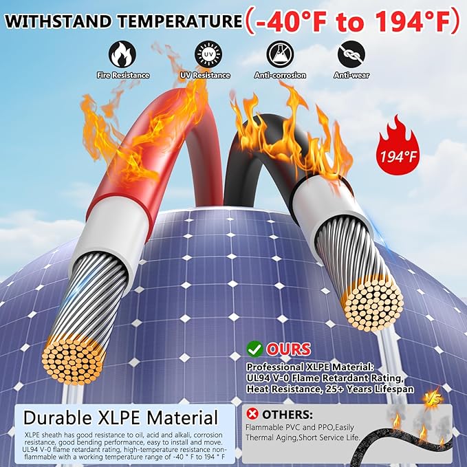 Vansdon 2x100 Feet Solar Panel Extension Cable 10AWG Solar Cable with Female and Male Waterproof Connectors for RV Photovoltaic Systems (100FT Red + 100FT Black)