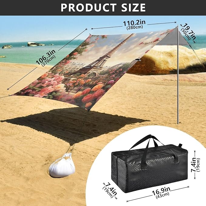 ALAZA Lovely Eiffel Tower Flowers Beach Tent Sun Shelter Portable Canopy Sunshade for Outdoor Camping Picnics Backyard Fun 10x9 ft