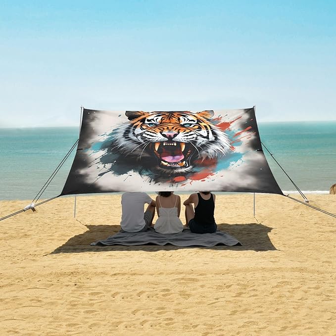 ALAZA Roaring Tiger Watercolor Beach Tent Sun Shelter UPF50+ Protection Beach Shade Canopy w/ 4 Sandbags for Outdoor Camping Fishing Backyard Fun Picnic 10x9 ft