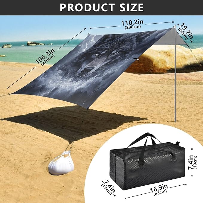 ALAZA Clouds Lightening Storm Wolf Beach Tent Sun Shelter Portable Canopy Sunshade for Outdoor Camping Picnics Backyard Fun 10x9 ft