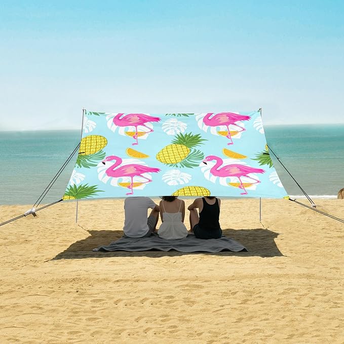 xigua Flamingos Beach Tent Sun Shelter with Carrying Bag - Silver Coated Oxford Fabric Beach Canopy for Beach Camping Fishing - Includes Windproof Ropes Sandbags &amp Stakes