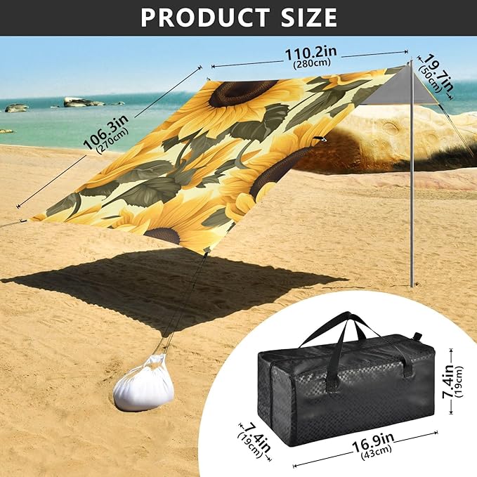 ALAZA Stylish Yellow Sunflower Beach Tent Sun Shelter Portable Canopy Sunshade for Outdoor Camping Picnics Backyard Fun 10x9 ft