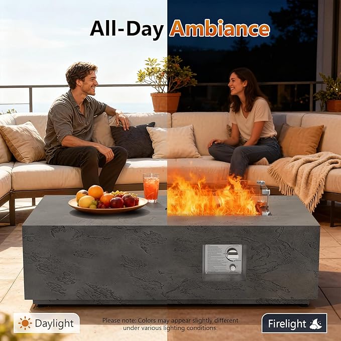 2-Piece 42 Rectangular Propane Fire Pit for Outside Patio with Hidden Tank Table 50000 BTU Fireplaces with Glass Wind Guard Lid Glass Rocks Cover(Grey Rock Veins)