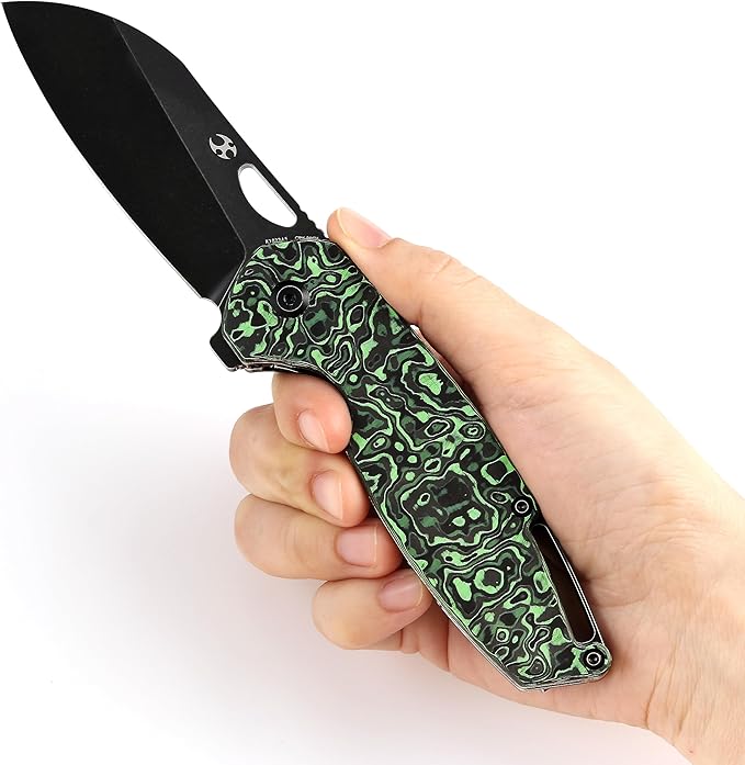 KANSEPT Model 6 Pocket Folding Knives EDC Camping Folding Knife 3.1'' Black Stonewashed CPM 20CV Material Pocket Folding Knife with Green Carbon Fiber Handle Everyday Carry K1022A5