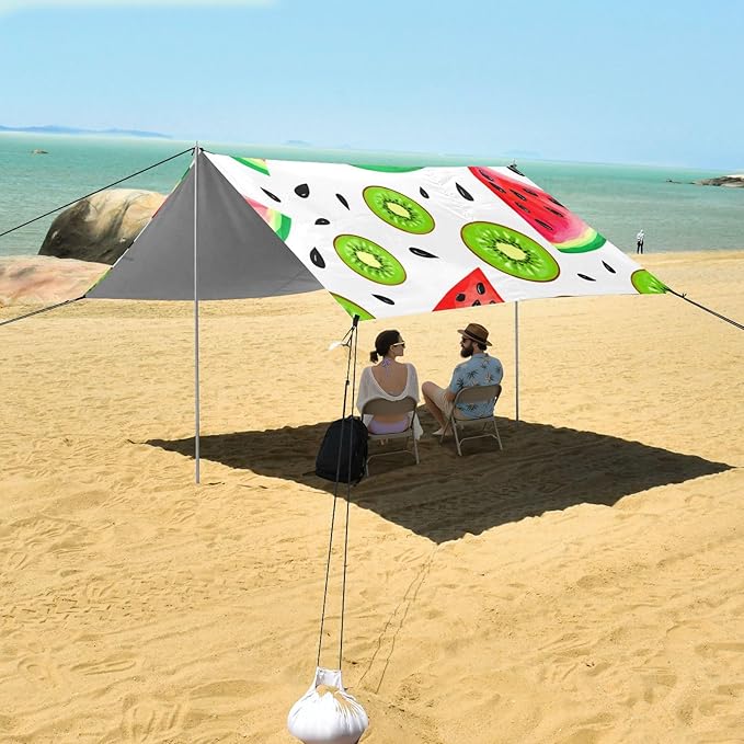 xigua Watermelon Slices Beach Tent Sun Shelter with Carrying Bag - Silver Coated Oxford Fabric Beach Canopy for Beach Camping Fishing - Includes Windproof Ropes Sandbags &amp Stakes