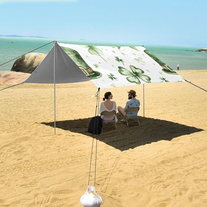 xigua St. Patrick's Day Beach Tent Sun Shelter with Carrying Bag - Silver Coated Oxford Fabric Beach Canopy for Beach Camping Fishing - Includes Windproof Ropes Sandbags &amp Stakes