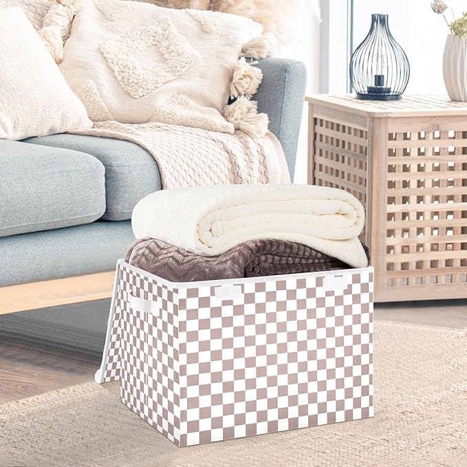 Light Brown White Checkerboard Storage Baskets Lidded Bin Foldable Storage Boxes Cubes Lids with 2 Handles for Organizing Closet Home Office