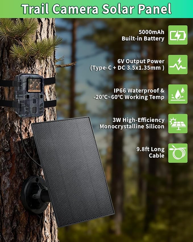 Trail Camera Solar Panel 3W Solar Panel Charger with 5000mAh Battery and 6V USB-C &amp DC Port 9.8ft Cable IP65 Waterproof Solar Panel for Trail CameraGame Cameras Accessory (6V)