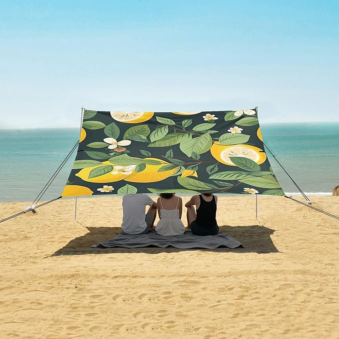 ALAZA Vintage Lemon on Black Beach Tent Sun Shelter Portable Canopy Sunshade for Outdoor Camping Picnics Backyard Fun 10x9 ft