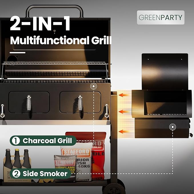 30 Inch Barrel Charcoal Grill and Offset Smoker 1015 sq. in. Cooking Area Outdoor BBQ Grill Perfect for Outdoor Cooking Barbecue Patio Garden Backyard Party