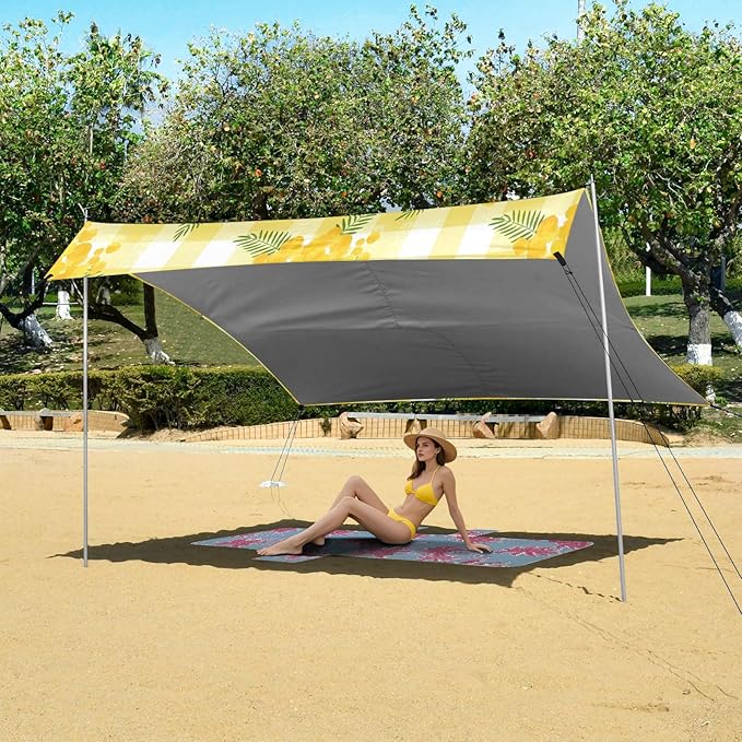 xigua Flowers Beach Tent Sun Shelter with Carrying Bag - Silver Coated Oxford Fabric Beach Canopy for Beach Camping Fishing - Includes Windproof Ropes Sandbags &amp Stakes