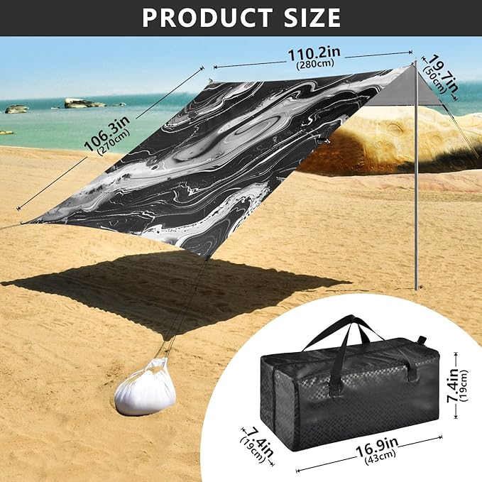 ALAZA Black Marble Design Beach Tent Sun Shelter Portable Canopy Sunshade for Outdoor Camping Picnics Backyard Fun 10x9 ft