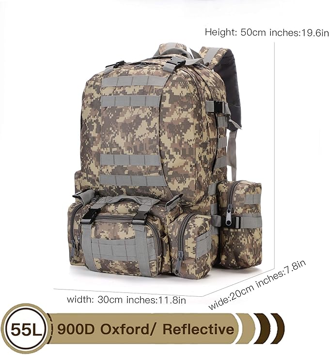 Military Tactical Backpack 45+10L Army 3 Day Assault Pack Molle Camping Hiking Rucksack Traveling Daypack