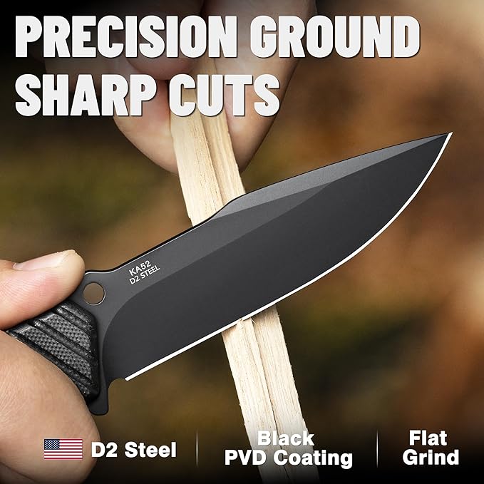 LOTHAR KA52 Fixed Blade Knife with Sheath D2 Steel Survival Tactical Hunting Knife for Camping Bushcraft Outdoor Vertical Horizontal Carry Cool Full Tang Knives Survival Tactical Gear Christmas Val