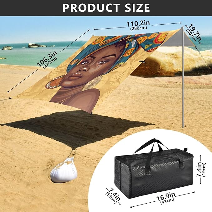 ALAZA Portrait African Woman in Traditional Women Gold Earrings Beach Tent Sun Shelter Portable Canopy Sunshade for Outdoor Camping Picnics Backyard Fun 10x9 ft