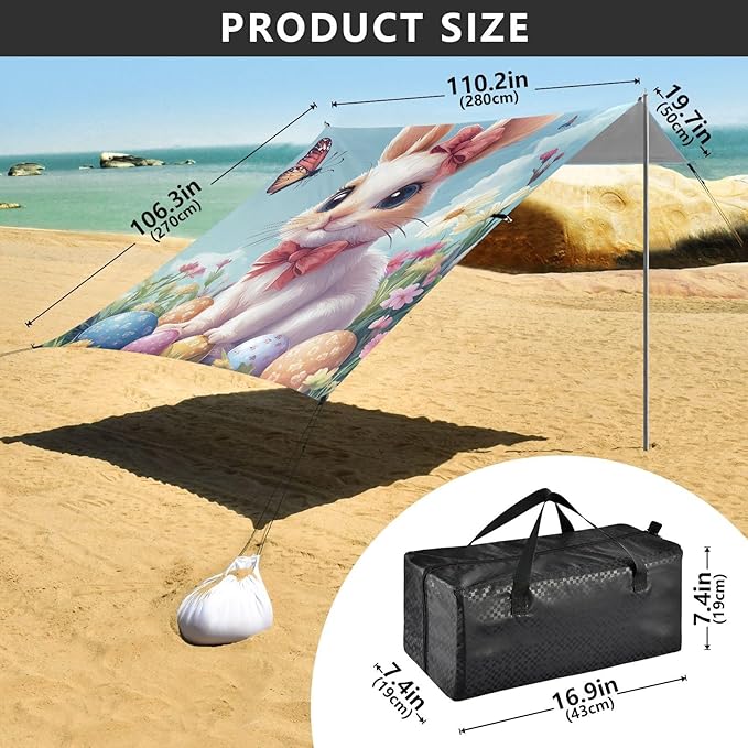 Easter Eggs Spring Bunny Beach Tent Sun Shelter Set UPF50+ UV Protection 10.5 x 9.19 FT Camping Shade Canopy with Sandbags Sand Anchors Carrying Bag and Others