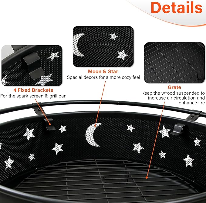 32 Inch Fire Pit Outdoor Fireplace 2 in 1 Metal Round Firepit for Outside Bonfire Party BBQ Camping Backyard Patio Garden Picnic w/Fire Poker Spark Screen Grate Cover (Moon&ampStar)