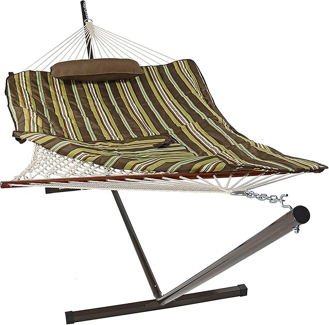 Sunnydaze Rope Hammock with Stand for Outside- 275-Pound Capacity - Includes 12-Foot Hammock Stand Spreader Bar Pad and Pillow - Desert Stripe