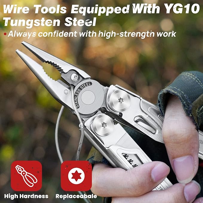 BIBURY Multitool Pliers BI2038B 22-in-1 Stainless Steel Multi Tool with Flint Window Breaker Scissors Back Clip Folding Pocket Multifunctional Self-locking EDC Tool for Survival Camping Hiking