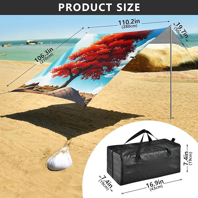 xigua Maple-Tree Beach Tent Sun Shelter with Carrying Bag - Silver Coated Oxford Fabric Beach Canopy for Beach Camping Fishing - Includes Windproof Ropes Sandbags &amp Stakes