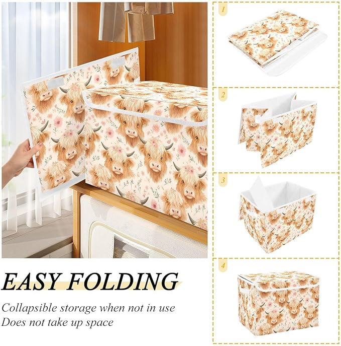 Storage Cube with Lid Cartoon Cattles Print 16.5×12.6×11.8 IN 1 Pack Collapsible Large Capacity Foldable Storage Basket Bin Organizer