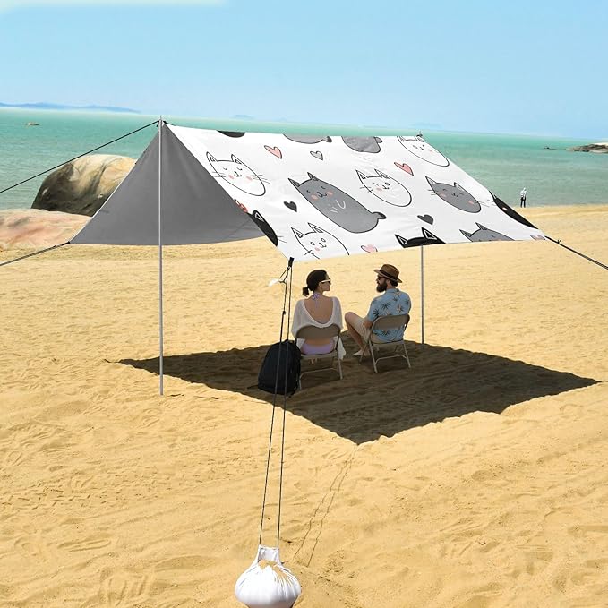 xigua Cat Pattern Beach Tent Sun Shelter with Carrying Bag - Silver Coated Oxford Fabric Beach Canopy for Beach Camping Fishing - Includes Windproof Ropes Sandbags &amp Stakes