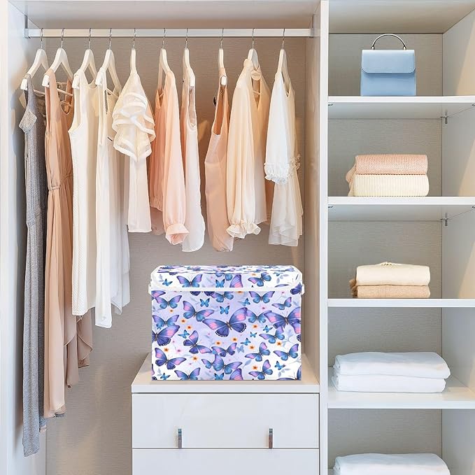 MNSRUU Containers Baskets with Lids Butterflies Fabric Foldable Storage Bins Organizer with Lid Collapsible Storage Boxes for Home Bedroom Closet Office
