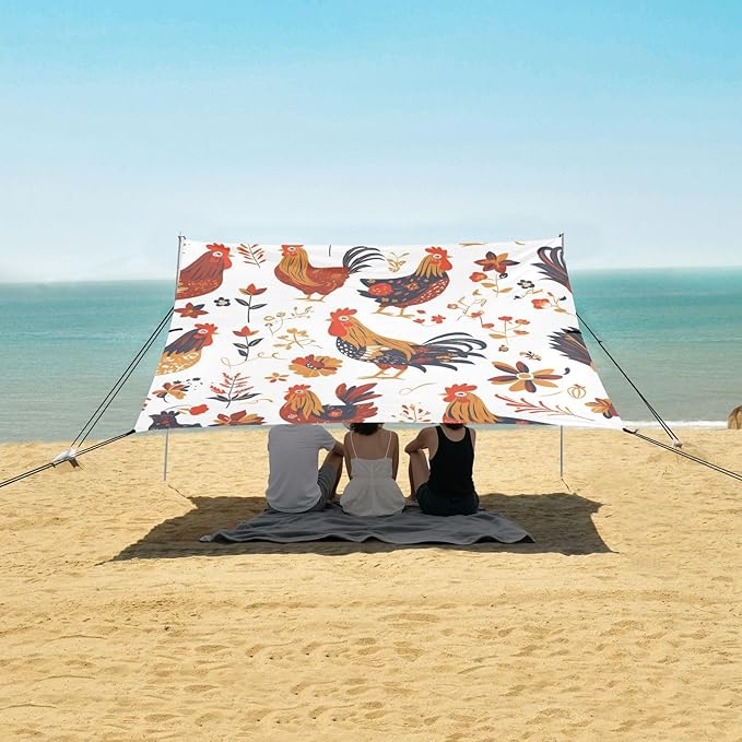Rooster Rustic Country Chicken Farmhouse Mexicana Foldable Beach Tent UPF50 Easy Setup Portable Sun Shelter with Sand Shovel Sandbags for Camping Picnics Backyard &amp Fishing