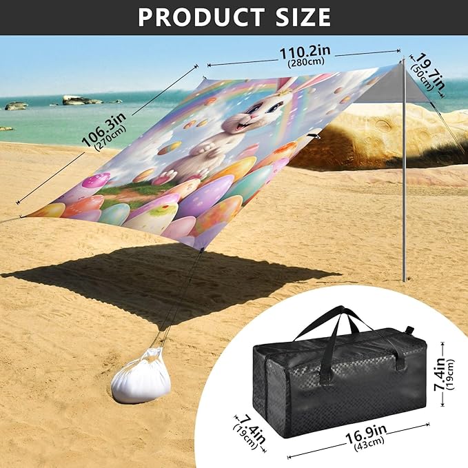 Rainbow Easter Bunny Beach Tent Sun Shelter Set UPF50+ UV Protection 10.5 x 9.19 FT Camping Shade Canopy with Sandbags Sand Anchors Carrying Bag and Others