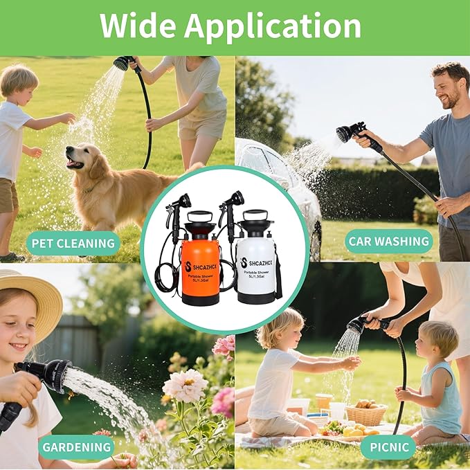 1.3 Gallon/5L Portable Outdoor Shower 10 Spray Modes No Power Needed Insulated Sleeve Keeps Water Warm Multi-Use Sprayer for Camping Beach &amp Surfing Fishing Hiking Road Trips Orange