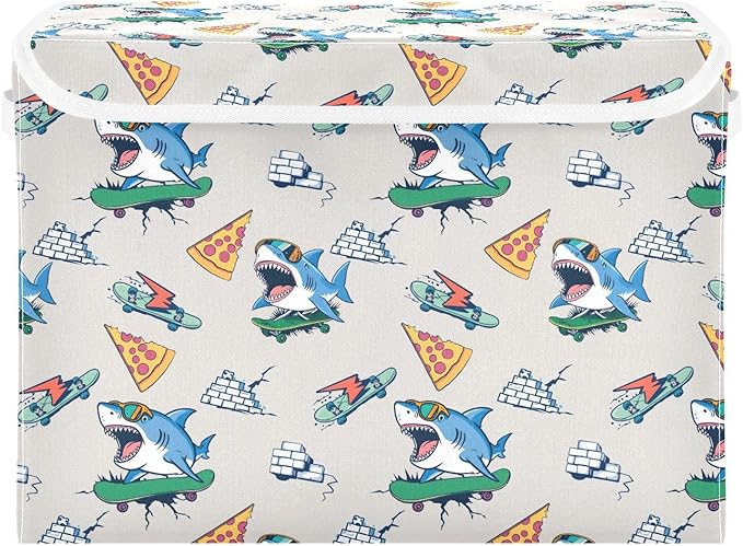 MNSRUU Containers Baskets with Lids Shark Skateboard Pizza Foldable Storage Bins Organizer with Lid Collapsible Storage Boxes for Home Bedroom Closet Office