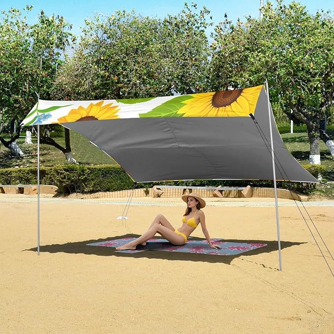 Beach Canopy with Windproof Ropes &amp Sandbags Beach Tent Sun Shade Sun Shelter for Camping Trips Fishing Backyard Fun or Picnics Sunflowers
