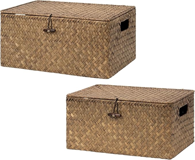 StorageWorks Bundle of 1-Pack Large Wicker Storage Basket &amp 1-Pack Wicker Baskets with Lid