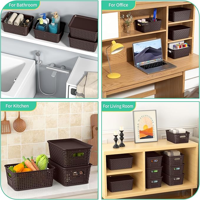 8-Pack Brown Plastic Storage Baskets with Lids Label Organizers Stackable Organizer Containers: For Organizing Shelves Drawers Desk Closets Playrooms Classrooms Offices