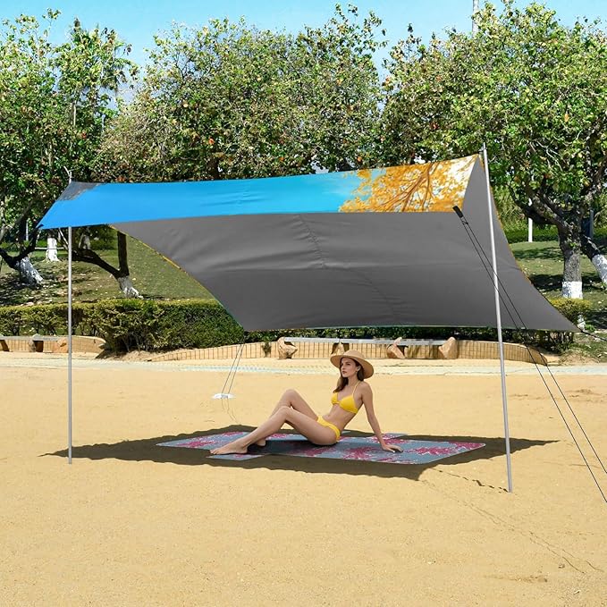 Beach Canopy with Windproof Ropes &amp Sandbags Beach Tent Sun Shade Sun Shelter for Camping Trips Fishing Backyard Fun or Picnics Autumn Landscape
