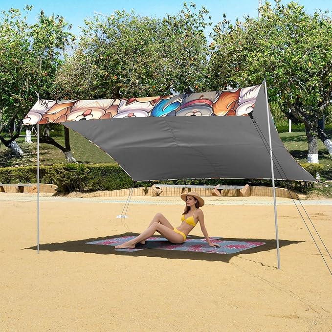 ALAZA Cute Dogs Colorful Puppy Beach Tent Sun Shelter UPF50+ Protection Beach Shade Canopy w/ 4 Sandbags for Outdoor Camping Fishing Backyard Fun Picnic 10x9 ft