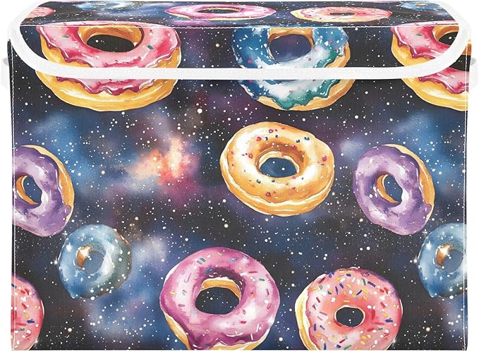 Storage Cube with Lid Space Donuts Print 16.5×12.6×11.8 IN Collapsible Large Capacity Foldable Storage Basket Bin Organizer