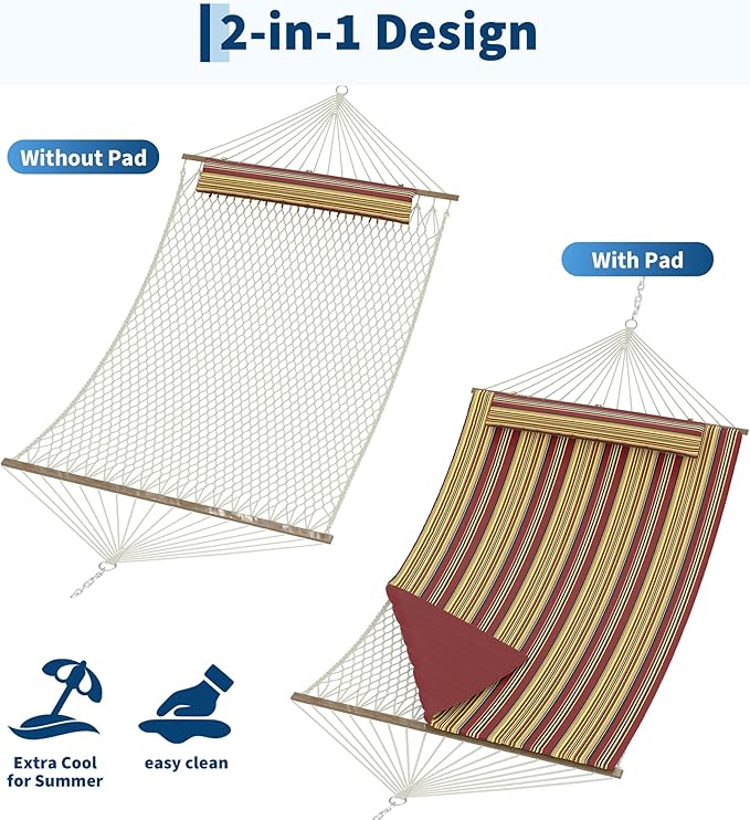 2 Person 12FT Hammocks for Outside Double Quilted Fabric Outdoor Hammock with Spreader Bar Large Removable Pillow Storage Pockets Carabiners Max 450 Lbs Capacity