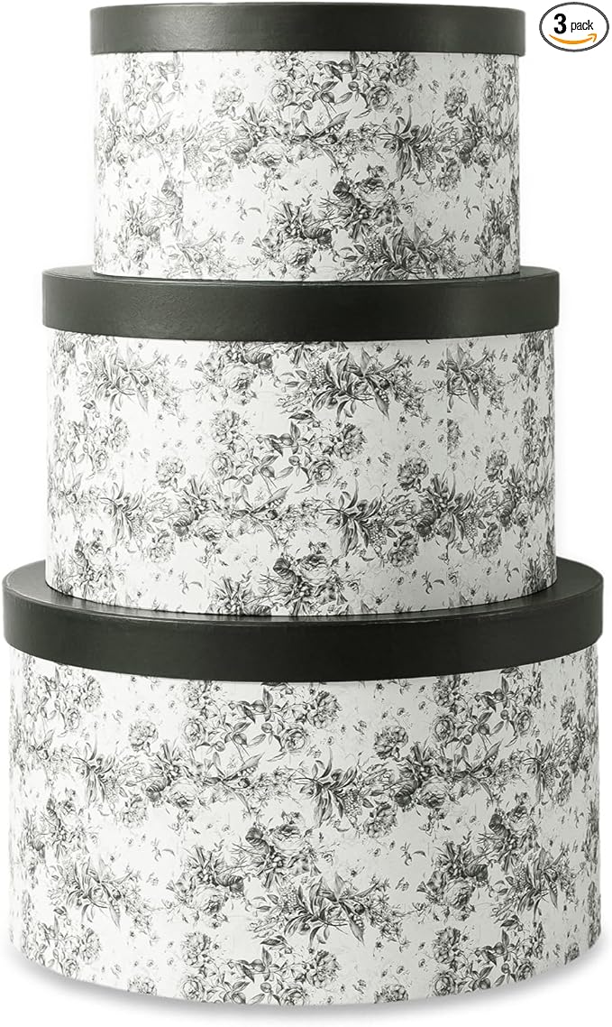 Soul &amp Lane Floral Hat Round Boxes with Lids Set of 3 Nesting Cardboard Hat Storage Large Black Print Cases Stacking Round Decorative Keepsake Boxes for Organizing