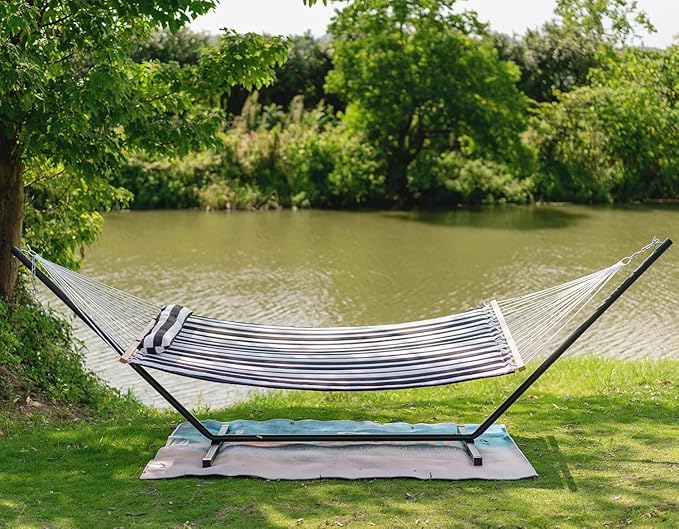 Lazy Daze Hammocks 12FT Quilted Fabric Double Hammock with Spreader Bars and Detachable Pillow 2-Person for Outside Patio Poolside Backyard Beach 450 lbs Capacity Black White