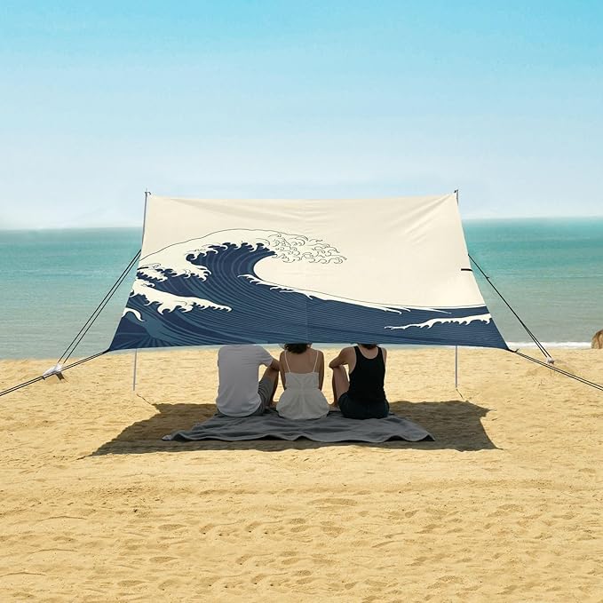 Beach Canopy with Windproof Ropes &amp Sandbags Beach Tent Sun Shade Sun Shelter for Camping Trips Fishing Backyard Fun or Picnics Waves