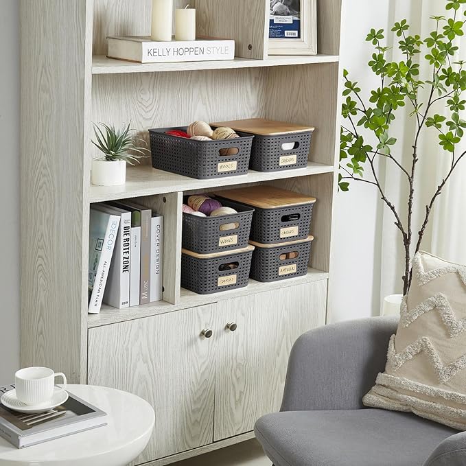 Small Plastic Storage Bins with Bamboo Lids 5.2qt Stackable Box Basket Pantry Decorative Containers Cute with Lable for Organizing Desktop Closet Office Gray of 6 packs 10 * 7.2 * 4.1