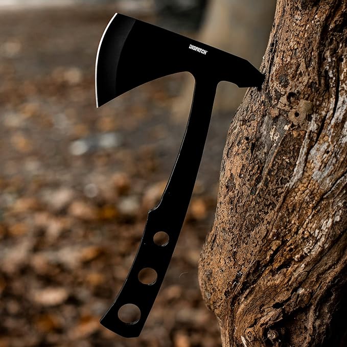 DISPATCH 10 Throwing Axe Full Tang 3Cr13 Stainless Steel Tactical Tomahawk 4mm Thick Sandblasted Blade Includes Nylon Sheath — Perfect for Axe Throwing Camping Hunting (Black)