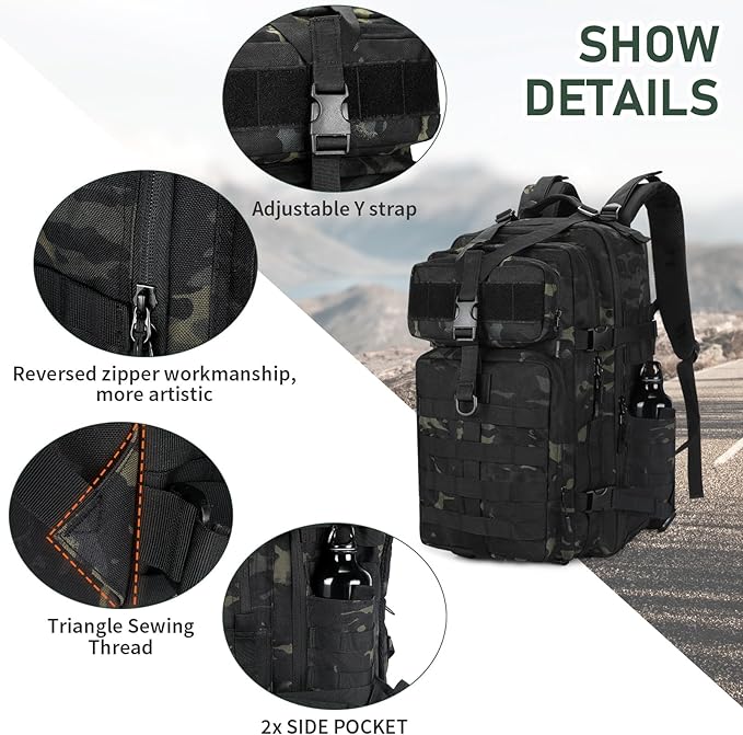 HUNTVP 1000D Tactical Backpack 45L Military MOLLE Backpack Assault Pack Army Camping Hiking Rucksack Outdoor Backpack (Black CP)