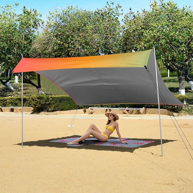Green Red Gradient Foldable Beach Tent UPF50+ Waterproof Shade Sun Shelter with Sturdy Poles Sandbags and Shovel for Camping Picnics Backyard