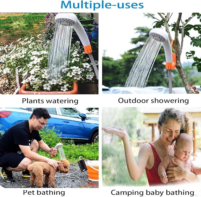 Portable Outdoor Shower 2 Flow Mode 4400mAh Battery Powered Shower Pump for Hiking/Backpacking Travel Beach Pet Flowering IPX7 Waterproof &ampUSB Rechargeable Camping Shower with 3 LED Lights…
